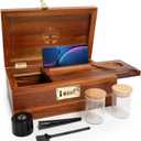 Premium Acacia Wood Storage Box with Grinder & Combination Lock  Multi-Purpose Organizer Set with Glass Jars