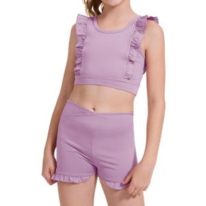 CharmWM Girls 2 Piece Outfits Athletic Ruffle V Crossover High Waisted Dance Shorts with Training Bra Crop Tank (7-8 Years, Purple)