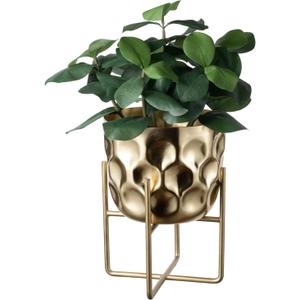MyGift 7 Inch Deluxe Modern Hammered Brass Tone Metal Flower Planter Pot with Decorative Riser, Plant Pot with Display Stand Dcor - Handcrafted in India