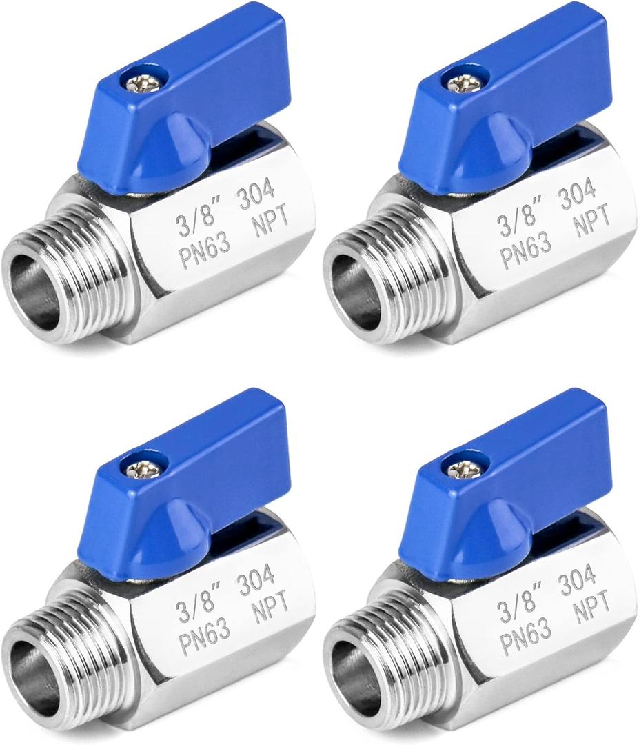 QWORK Mini Ball Valve, 4 Pack 3/8" NPT Thread Female and Male 304 Stainless Steel Shut-Off Valves