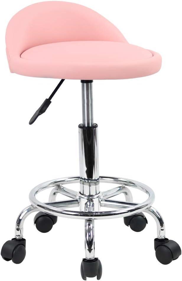 KKTONER PU Leather Round Rolling Stool with Foot Rest Height Adjustable Swivel Drafting Work SPA Task Chair with Wheels (Pink)