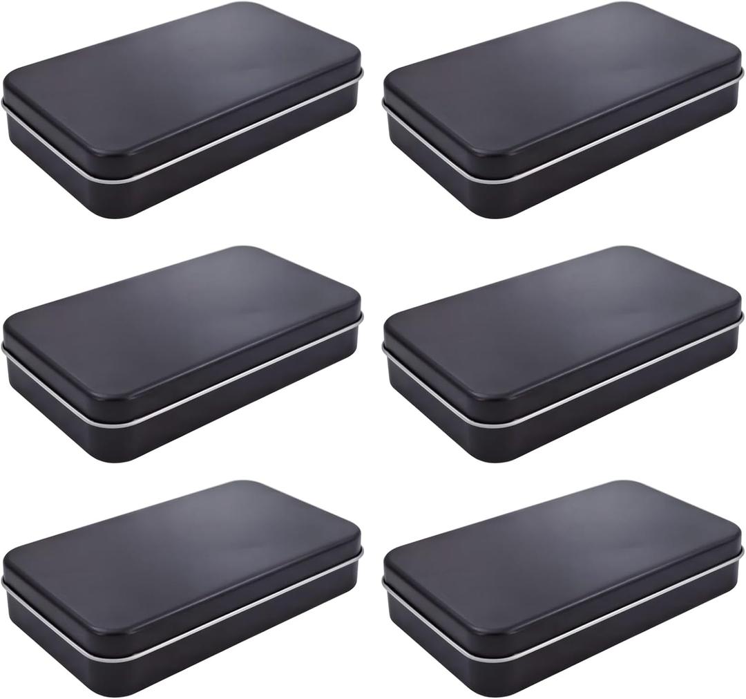 6 Pieces Rectangular Metal Empty Hinged Tins Containers Basic Necessities Home Storage Organizer Mini Box Set, 5.9 x 3.5 x 1.2 inches (Black)