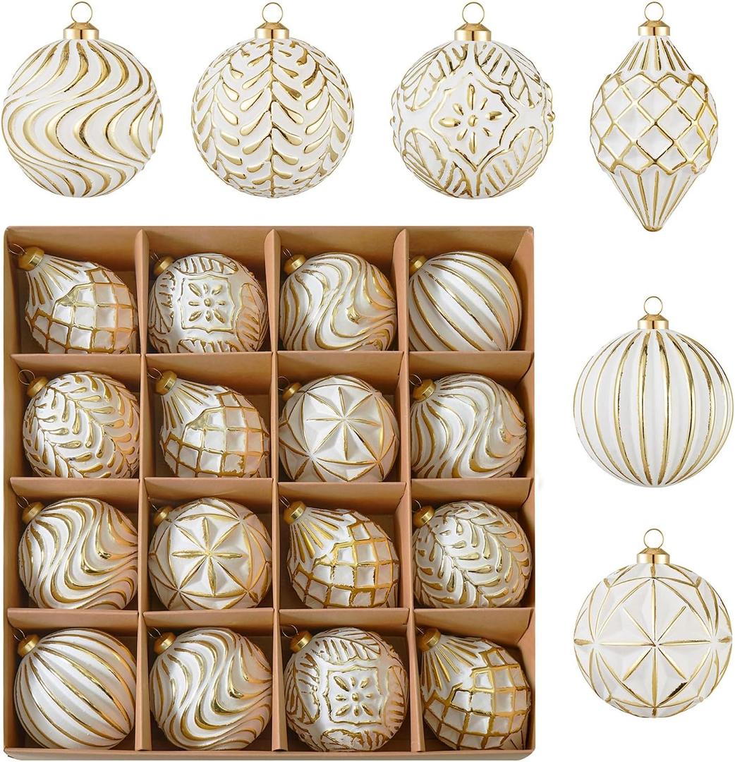 16Pcs Vintage Rustic Christmas Ball Ornaments - Large Shatterproof Neutral Christmas Ornaments Set Farmhouse Christmas Decor for Xmas Tree Home Party Holiday (Gold)