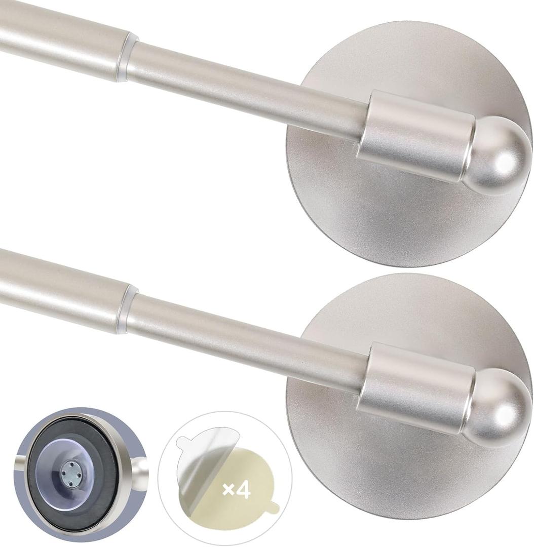Heavy Duty Magnetic Curtain Rods for Metal Door (16-28" Pack 2 Nickel) Magnetic Cafe Curtain Rod with Strong Magnet & Suction-Cup (Patent Pending)
