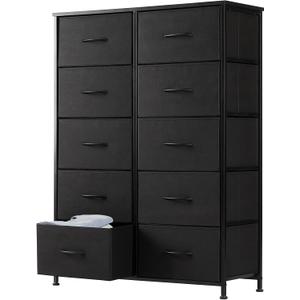DUMOS Dresser for Bedroom, 10 Storage Drawers, Wide Fabric Closet Chests Organizer Tower Furniture with Wooden Top Metal Frame for Clothes, Guest Room, Living Room, Hallway, Entryway, 11.8"D x 31.5"W x 45.6"H