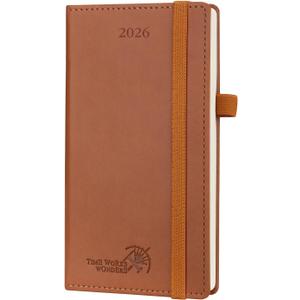 POPRUN Pocket Calendar 2026 (Slim Size-3.5'' x 6.5''), 12 Months (Jan. - Dec. 2026) Small Planner Weekly and Monthly for Purse with Pen Holder, Storage Pocket, Vegan Leather Hardcover - Brown