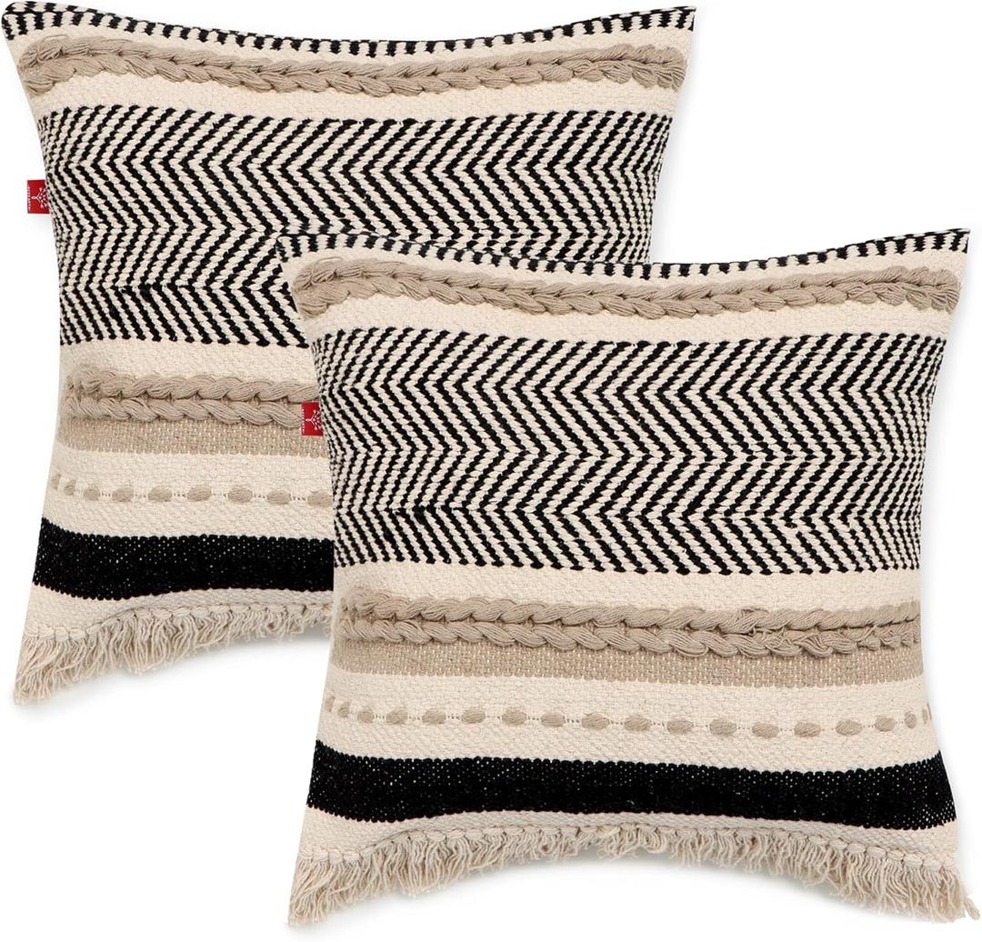 REDEARTH  Handmade Boho Throw Pillow Covers - Bohemian Chic Farmhouse Style - Accent Woven Indoor and Outdoor Pillow Cushion Cases for Couch, Bed, Chair, Sofa, Bench  Set of 2-18"x18" - Natural (Chevron Maze Black)