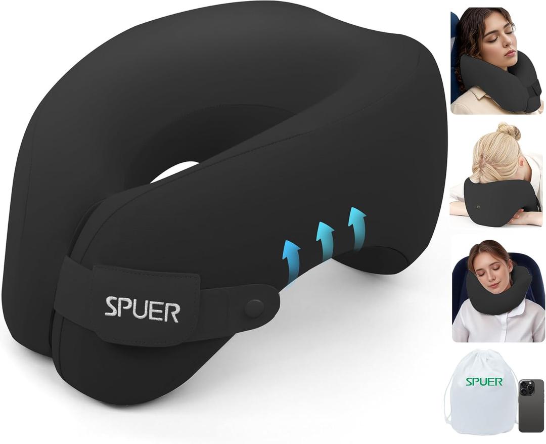 2in1 Ergonomic Memory Foam Travel Neck Pillow  2025 Upgrade Travel Pillow for All Sleep Positions on Flights, Road Trips, and Long Distance Travel with Drawstring Bag (Adjustable - Black) (Adult Large, Black (Hook & Loop Tape))