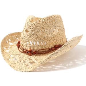 AQOKKA Straw Cowboy Hats for Women Men Western Cowgirl Hats with Shapeable Brim Woven Hollow Out Unisex Beach Roll Up Caps (Beige)