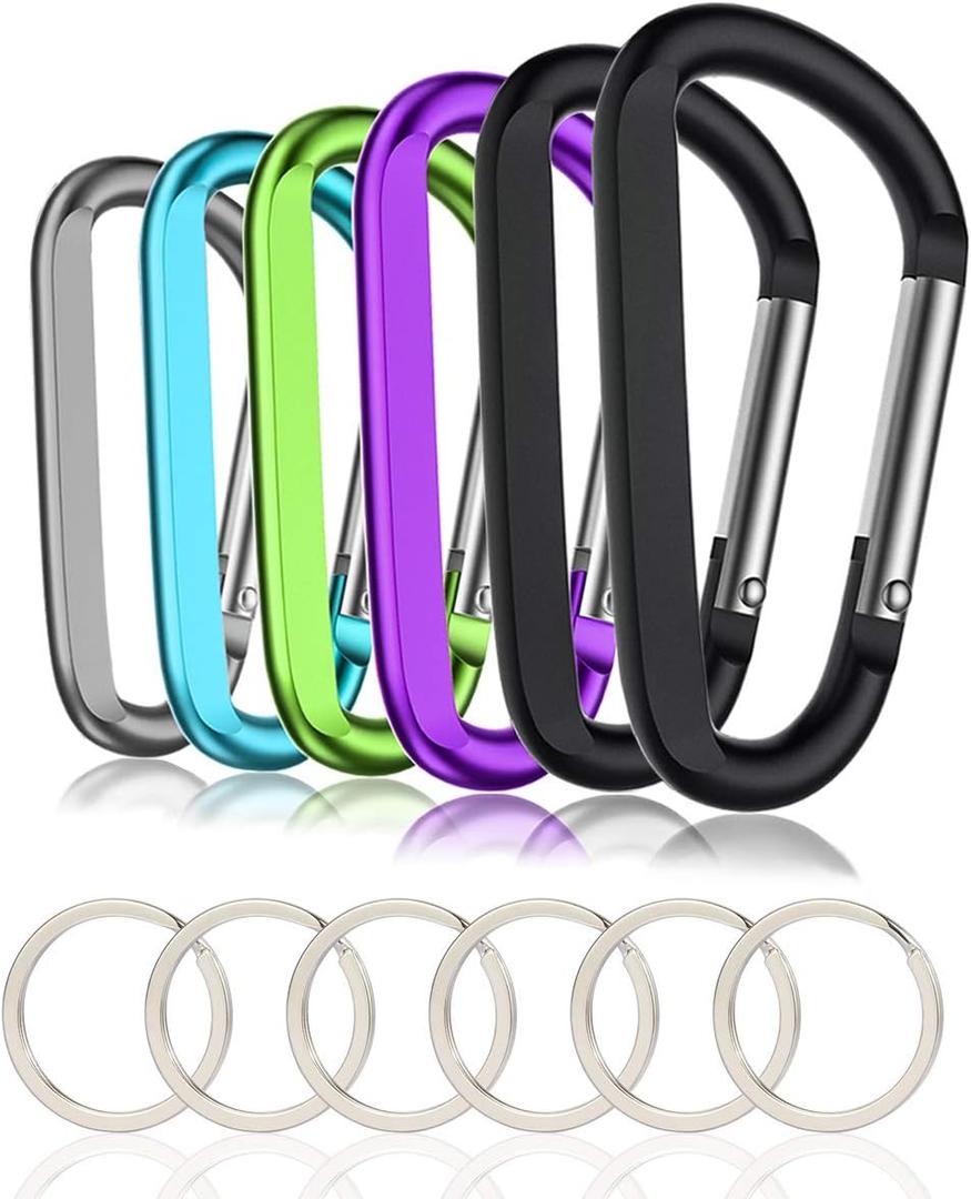 6PCS Black Carabiner Caribeaner Clip,3" Large Aluminum D Ring Shape Carabeaner with 6PCS Keyring Keychain Hook (Multi-color)