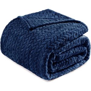Exclusivo Mezcla Fleece Queen Size Blanket for Bed, 90x90 Inches Soft Cozy Jacquard Flannel Blankets, Lightweight Fuzzy Plush Warm for Women, Navy Blue