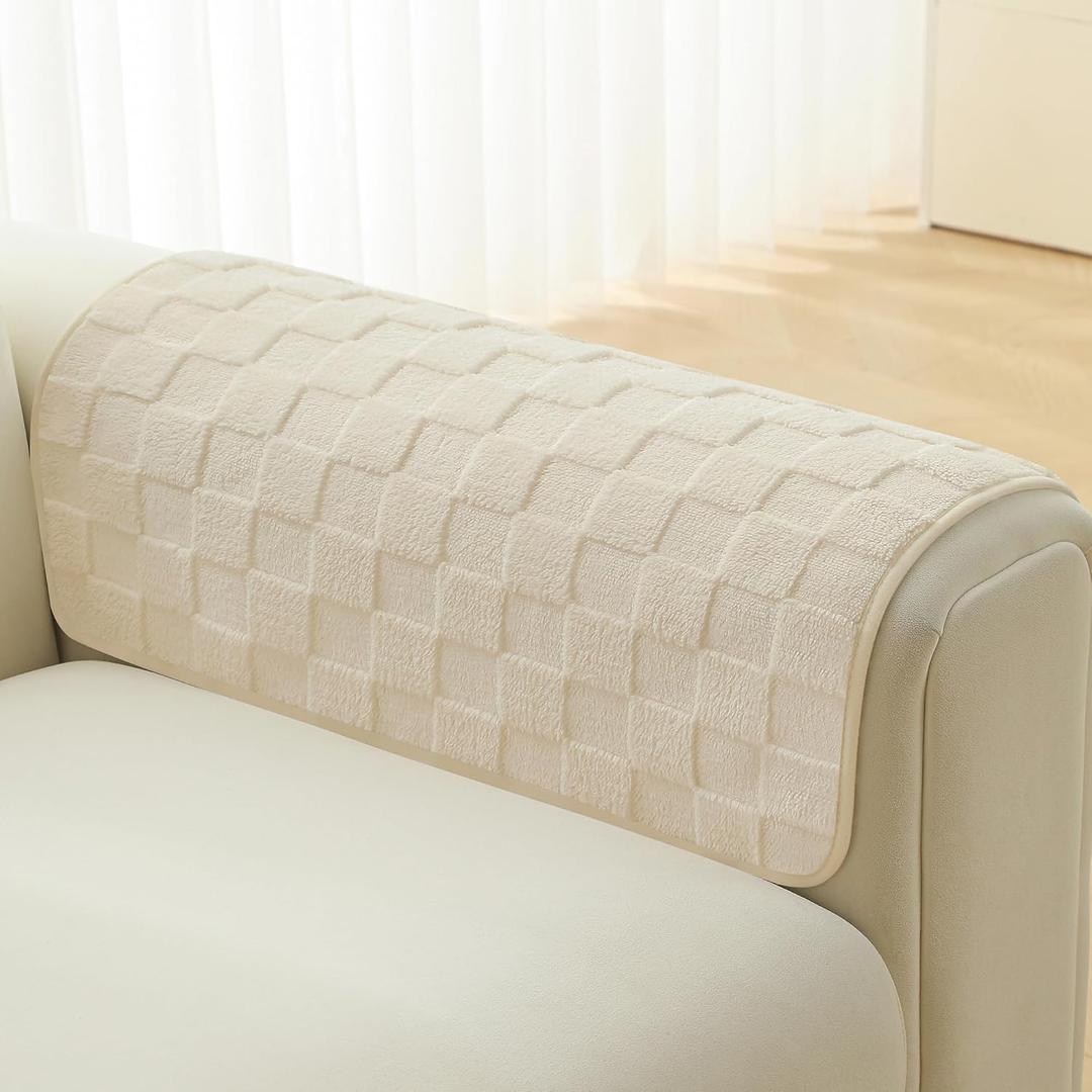 Foxdecor Fuzzy Couch Arm Covers Recliner Arm Covers, Arm Chair Covers Set of 2, Non-Slip Chair Arm Covers, Arm Rest Cover for Sofa, Armchair Slipcovers Couch Arm Protector (Cream White 20x20 inch)