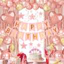 Rose Gold Happy Birthday Party Decorations, Happy Birthday Banner, Rose Gold Foil Heart Star Confetti Balloons Curtain Backdrop Hanging Swirls Party Decor for Girls Women Princess