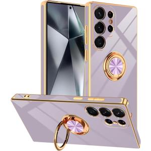 Designed for Samsung Galaxy S25 Ultra Case with Ring Stand, Support Magnetic Car Mount Rotatable Finger Holder Soft TPU Cover Plating Edge Protective Slim Phone Case for Galaxy S25 Ultra Purple