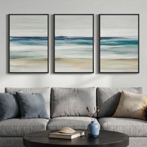 Framed Abstract Coastal Wall Art for Living Room, 3 Piece Blue Beach Landscape Canvas Artwork for Walls, Large Minimalist Ocean Seascape Painting Prints for Bedroom Hallway Wall Art Decor, 20x30 Inch
