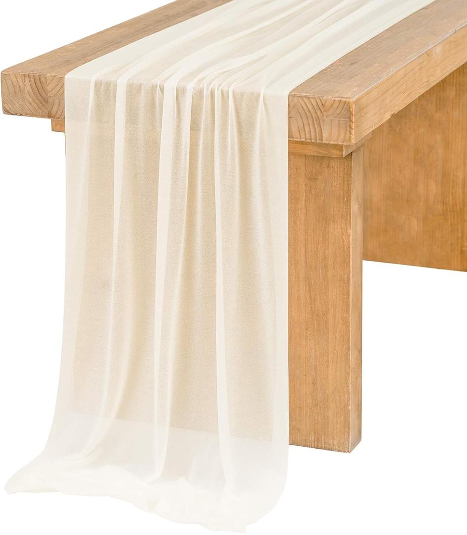 Ling's Moment 10Ft Ivory Chiffon Like Table Runner with Silver Sparkle for Beige Wedding Rustic Boho Wedding Party Bridal Shower Decorations Birthday Party
