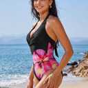 SUUKSESS Women Sexy Tummy Control One Piece Swimsuits Halter Push Up Monokini Bathing Suits (Black Red Floral, L)