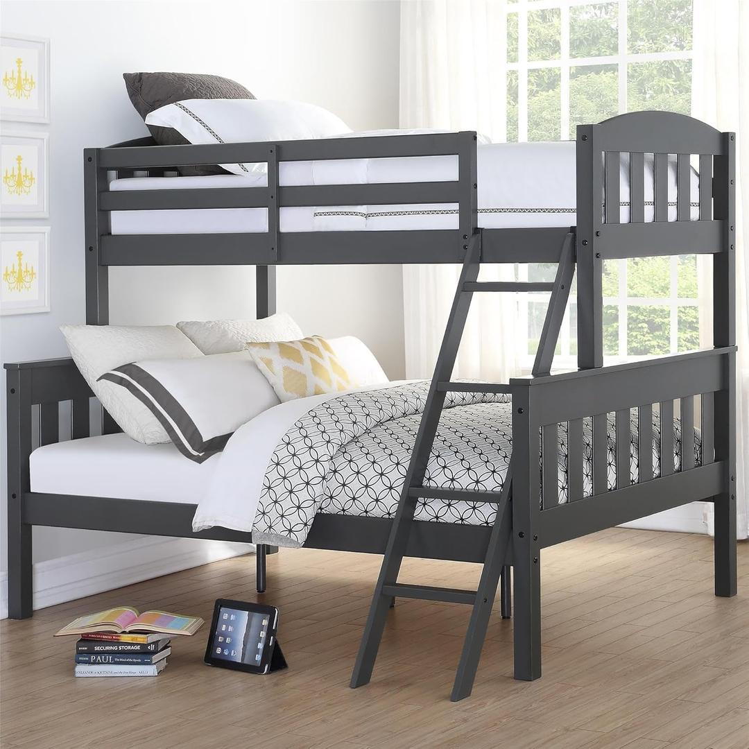 DHP Airlie Convertible Wood Bunk Bed Twin Over Full Size, Stackable and Detachable Bed Frames for Kids, Teens, Angled Ladder, High Guardrail, Wood Slats, No Boxspring Required, Grey