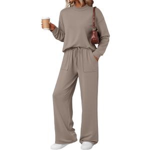 LILLUSORY Womens Two Piece Lounge Sets Mock Turtleneck Tops Wide Leg Drawstring Pants Sweatsuit with Pockets (Small, Nutmeg)