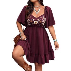 Verdusa Women's Plus Size Western Boho Floral Flowy Dress Cowgirl Outfits Country Summer A Line Dresses S-4XL (Burgundy)