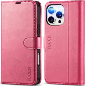 TUCCH Case Wallet for iPhone 16 Pro Max, PU Leather Magnetic Protective Phone Cover with [RFID Blocking] [4 Card Slots] Stand [TPU Inner Case] Compatible with iPhone 16 Pro Max 5G, Hot Pink