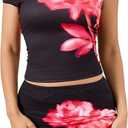 Women's 2 Piece Summer Outfit Floral One Shoulder Ruched Crop Tops and Bodycon Skirt Matching Set Size M