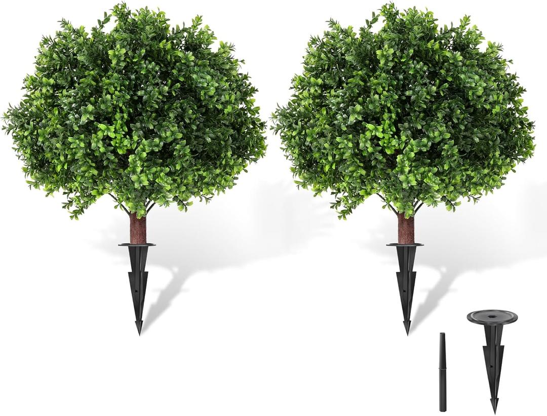LadyRosian Artificial Boxwood Topiary Tree, 25 Inch 2 Set Outdoor Faux Boxwood Bush Plants, Indoor Ball Trees with Ground Spike, Fake Potted for Home Front Porch Decor Outside Garden