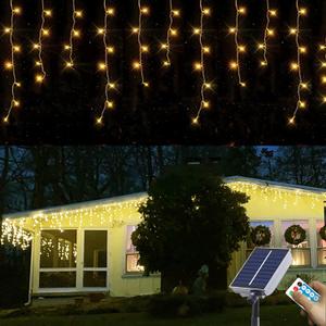 Solar Christmas Icicle Lights,Warm White 304LED Outdoor Christmas Decorations 8 Modes Waterproof Solar Icicle Lights for Patio Yard Garden Wedding Party House Xmas Tree Roof Decorations