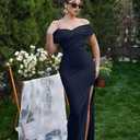 LAGSHIAN Women's Elegant Bodycon Off Shoulder Ruched Split Hem Long Formal Basic Evening Dress (Black, XL)