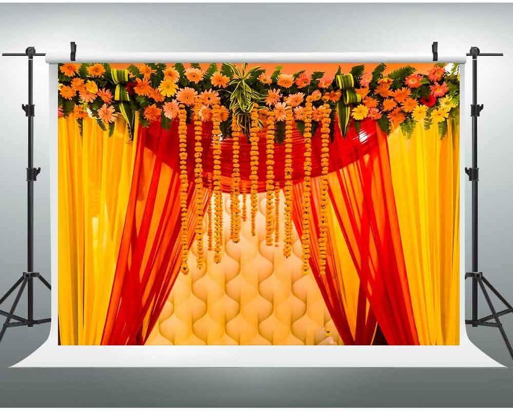 EOA 7(W) x5(H) FT Orange Marigold India Wedding Photography Backdrop Marriage Red Curtain Background Ceremony Wall Decor Photo Booth Studio Props