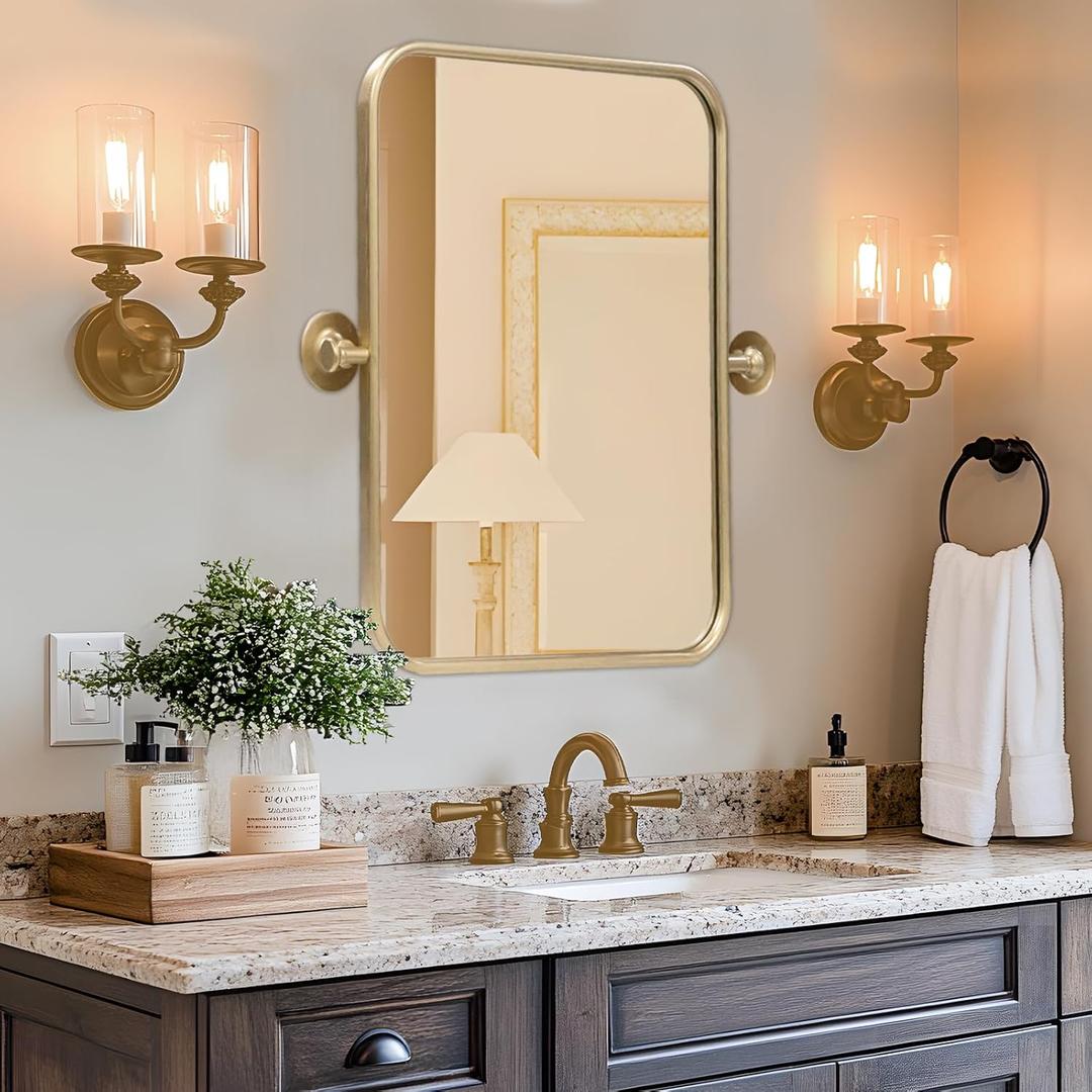 Gold 20" X 30" Pivot Mirror for Bathroom, Metal Frame Rounded Rectangle Mirror, Tilting Vanity Mirror for Wall Mounted, Hangs Vertical Only, Overall 24.49 x 30 Inches