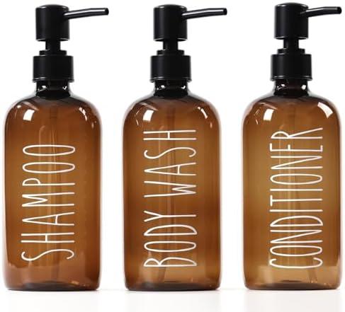 HOMCDALY Shampoo and Conditioner Dispenser Set of 3, 21oz Shower Soap Bottles with Pump, Refillable Shampoo Conditioner Body Wash Dispenser, Empty Bathroom Shower Shampoo Bottles(P-Brown)(+pump-pressure)