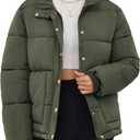 Funlingo Women's Cropped Puffer Jacket Winter Stand Collar Zip Up Snap Button Warm Lightweight Short Quilted Coat (Green, XS)