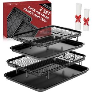 Air Fryer Basket for Oven, 2 Set Air Fryer Basket and Tray Set with 60 Sheets Parchment Papers, THORSES Stainless Steel NonStick Air Fryer Pan and Crisper Tray-Black Large15.7“×11.6” & Medium12.8"×8.9"