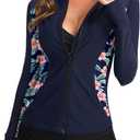 SANTINY Women's Rash Guard Zipper Pockets UPF50+ Sun Protection Long Sleeve Swimsuit Top Zip Front Swim Shirt for Women (Medium, Deep Blue # Blue Floral)