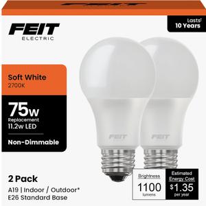 Feit Electric A19 LED Light Bulbs, 75W Equivalent, Non Dimmable, 1100 Lumens, E26 Standard Base, 2700k Soft White, 80 CRI, 10 Year Lifetime, Energy Efficient, 2 Pack, A1100/827/10KLED/2