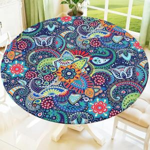 Moosfor Spandex Elastic Fitted Round Tablecloth for 36"-44" Tables, Stretch Washable Reusable Table Cover for Outdoor Picnic, Camping, Dining, Kitchen, Patio and Party, Paisley