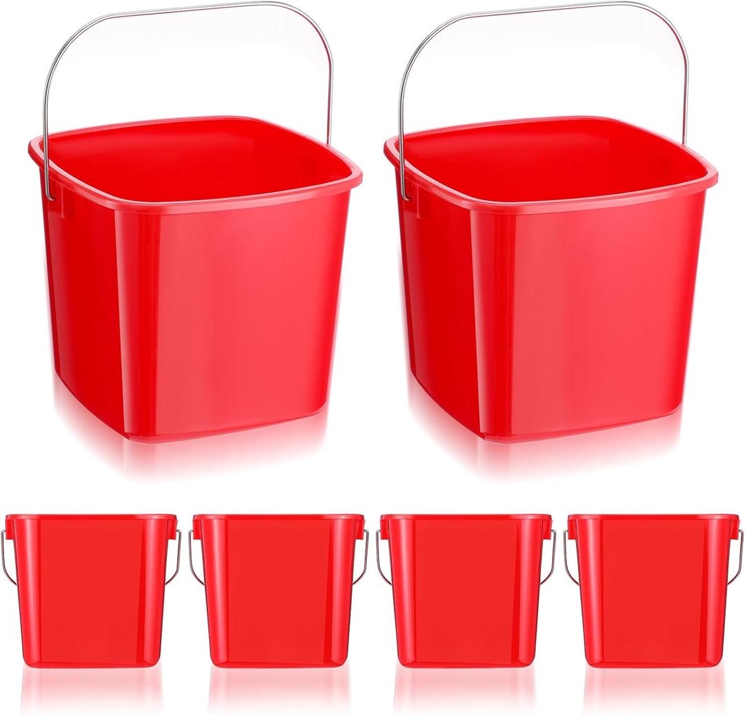 6 Pcs 3 Quart Cleaning Bucket Small Detergent Square Bucket Plastic Pail with Handles Square Cleaning Pail for Home, Offices, School, Commercial Use, Food Service (Red)