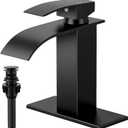 Matte Black Bathroom Faucets, Waterfall Bathroom Sink Faucet Single Handle Bathroom Faucet for 1 or 3 Hole, Mixer Tap Vanity Faucet with Deck Plate, Pop-up Drain and Supply Hoses