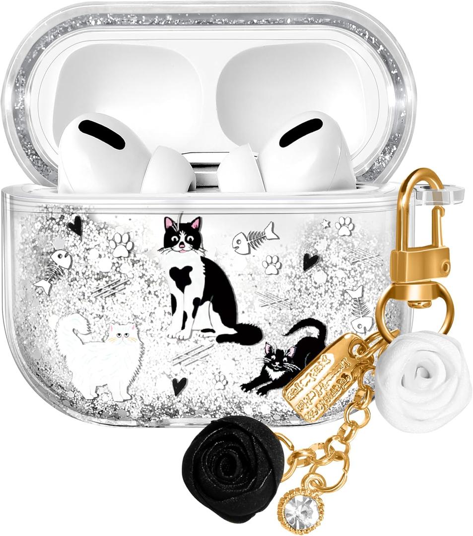 Coralogo for Apple for Airpods Pro 1/2 Case - Women Girls Cute Girly Kawaii for Airpods Pro 2nd Generation Case Cover Glitter Liquid Sparkle Cat Hard Shell Keychain Funda Estuche Forro
