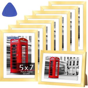 5x7 Picture Frames 8 Pack, Gold Frames for Wall or Tabletop Display, Photo Frame Collage with HD Plexiglass for Home Office Wall Decor, Display Pictures 4x6 with Mat or 5x7 Without Mat