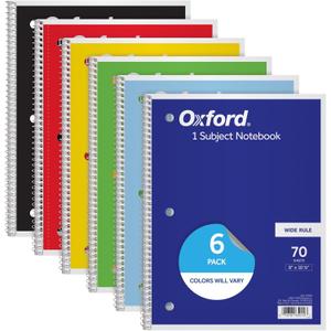 Oxford Spiral Notebooks, 6 Pack, 1 Subject, Wide Ruled Notebooks for School, 8 x 10.5 Inches, 70 Sheets, Assorted Colors, Back to School Supplies (65010)