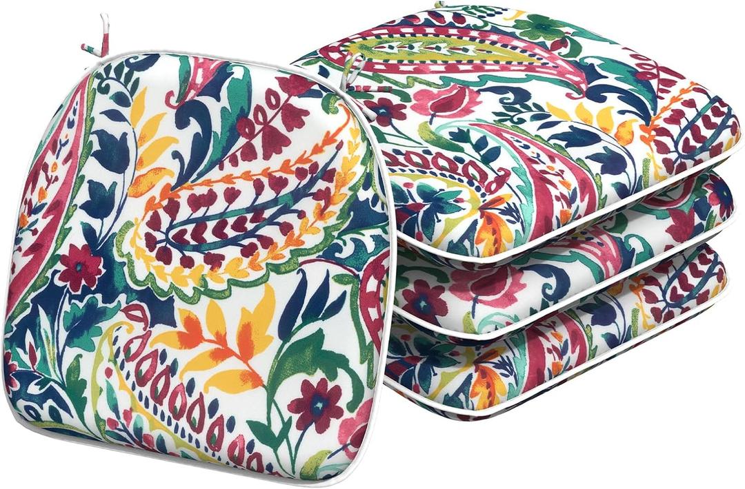 Indoor/Outdoor Chair Cushions 16x17 Inch, Patio Chair Cushions with Ties, All Weather Seat Cushions for Patio Furniture Home Garden Chair Use, Set of 4, Vigour Paisley