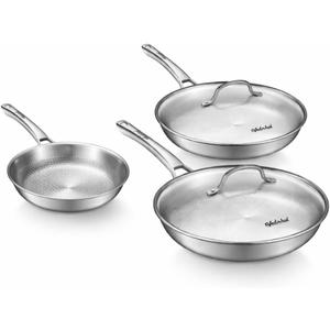 Titanium Pans set with 2Lids,8+10+12Inch Pure Titanium Hammered Upgarde Pro Non-Toxic Skillet for Cooking, PFAS/PFOA/PTFE Free Cookware, Dishwasher&Oven Safe, Kitchen Induction Compatible