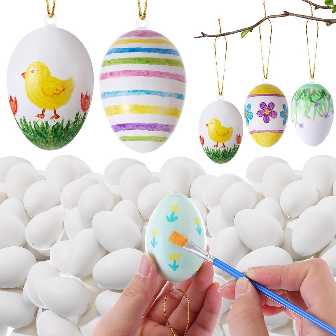 AmazingSpark 120 Pcs Easter Hanging White Eggs for Decorating, Fake Plastic Easter Eggs for DIY Crafts Dyeable Painting Easters Gift Basket Fillers Party Favor