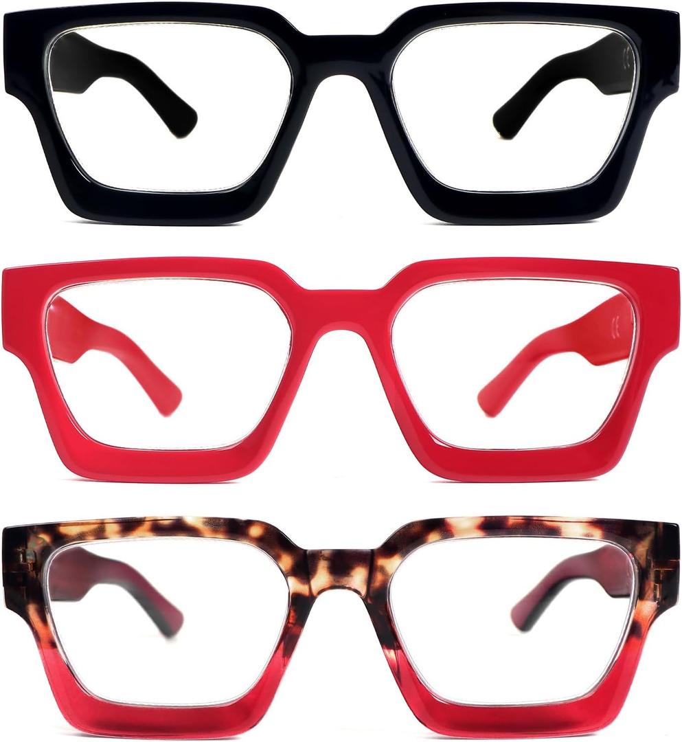 REAVEE 3 Pack Thick Frame Reading Glasses for Women Men, Oversized Fashion Blue Light Blocking Readers Spring Hinge (Black/Red/Red Leopard, +1.75)