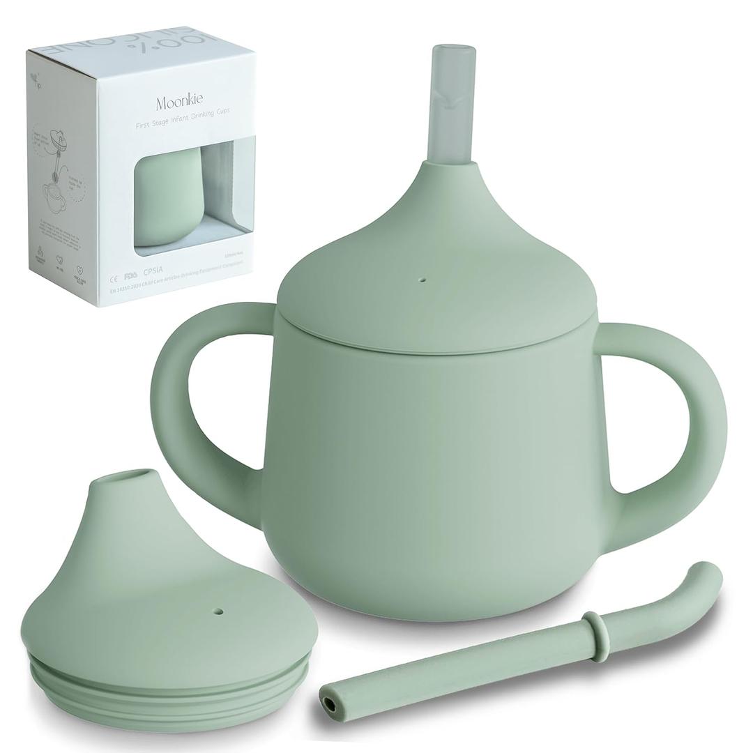 Moonkie Silicone Baby Sippy Cups | 3 Stages Training Cup Straw Cup for Infants Toddlers and Kid | 4 oz 1Pack (Sage)