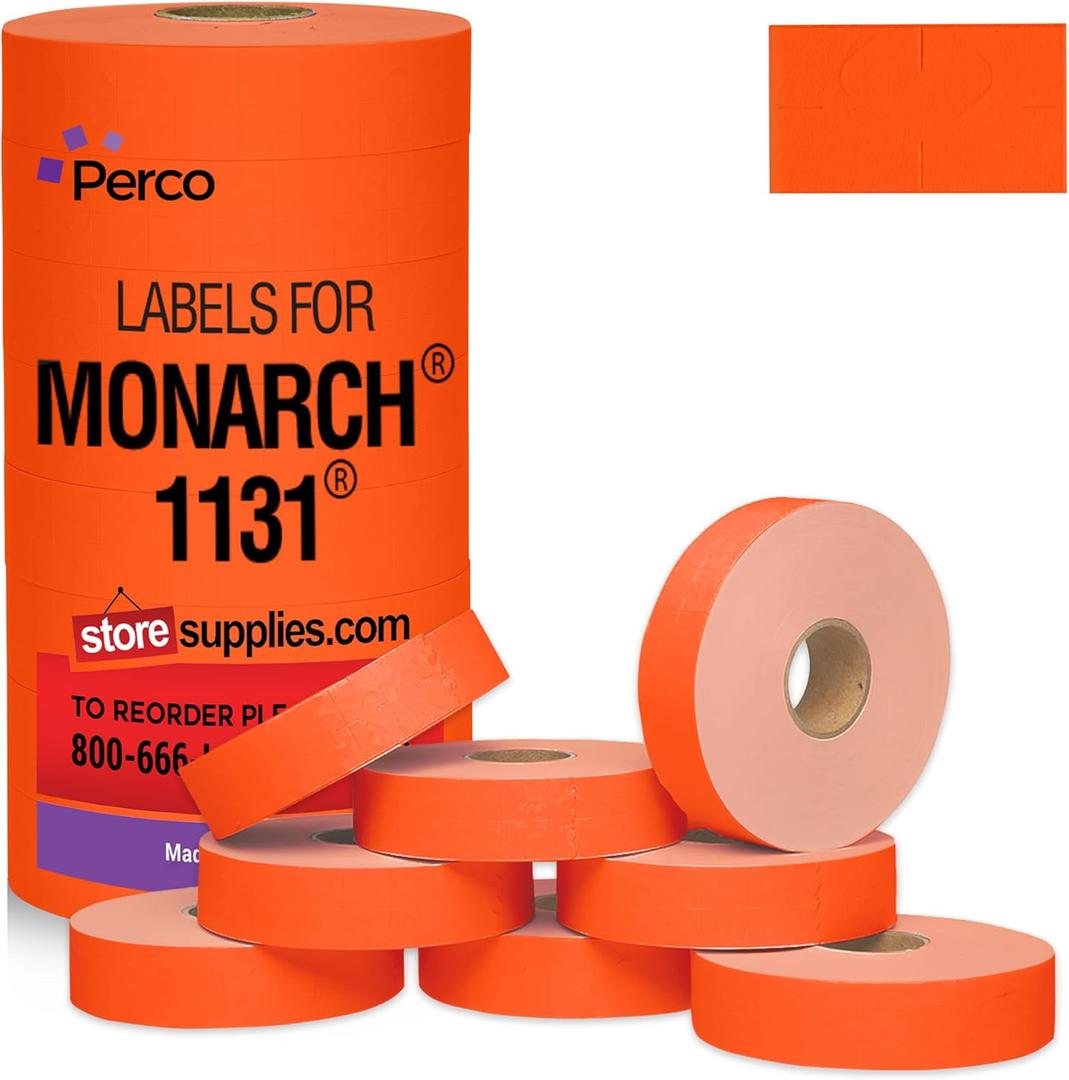 Perco Fluorescent Red Pricing Labels for Monarch 1131 Price Gun - 1 Sleeve, 8 Rolls, 20,000 Price Marking Labels - with Ink Roll Included