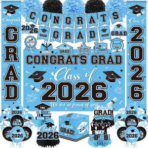 Graduation Decorations 2026 Light Blue Party Decor Set with Congrats Grad Banner, Class of 2026 Backdrop, Balloons, Box & Streamers Supplies for High School & College Celebrations