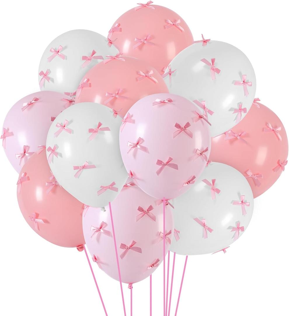 Gejoy Pink Bow Party 24 Pack 12" Balloons with 200 Pcs Bow Pink White Balloons Decor for Coquette Birthday Bachelorette Baby Shower Wedding Party Supplies